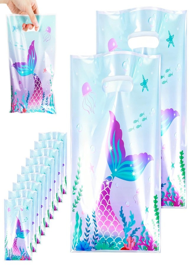 Matwsec 50 Pcs Mermaid Goodie Bags Plastic Gift Bag Christmas for Party Favor Under The Sea Goodie Bag Mermaid Tail Treat Bags with Handles for Candy Girls Kids Birthday - Image 1